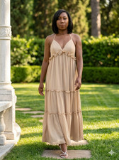 The Loretta Collection "Champagne Chiffon" Tiered Formal Gown (Size 6/8 – S/M)