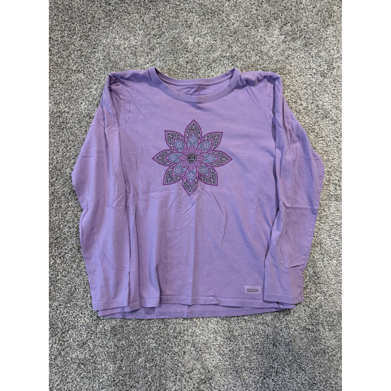 Life is Good T Shirt Womens M Lavander Crusher Tee Mandala Flower Long Sleeve