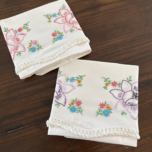 VTG Hand Embroidered Pillowcase Pair Pink Purple Floral Crochet Lace 21x30 Queen