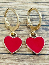 Huggie Hoop 18k Gold Plated Red Enamel Valentine Heart Love Earrings RTS
