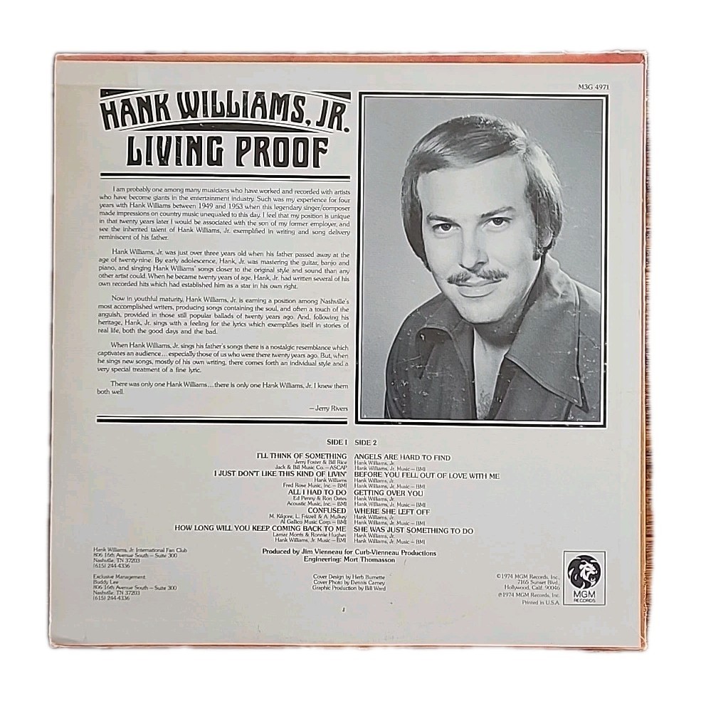 Hank Williams Jr. Living Proof LP 1974 MGM M3M-4971 VINYL | eBay