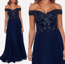 Xscape Sz 18 Navy Blue Gold Sequin Chiffon Formal Gown 4690X Gala NEW