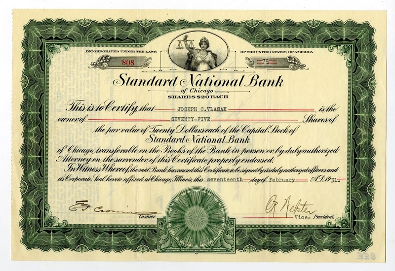 IL. Standard National Bank., 1931. 75 Shrs I/U Capital Stock Cert. XF-AU.