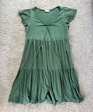 See You Monday Green Babydoll Dress Tiered Ruffle V-Neck Flutter Sleeve L