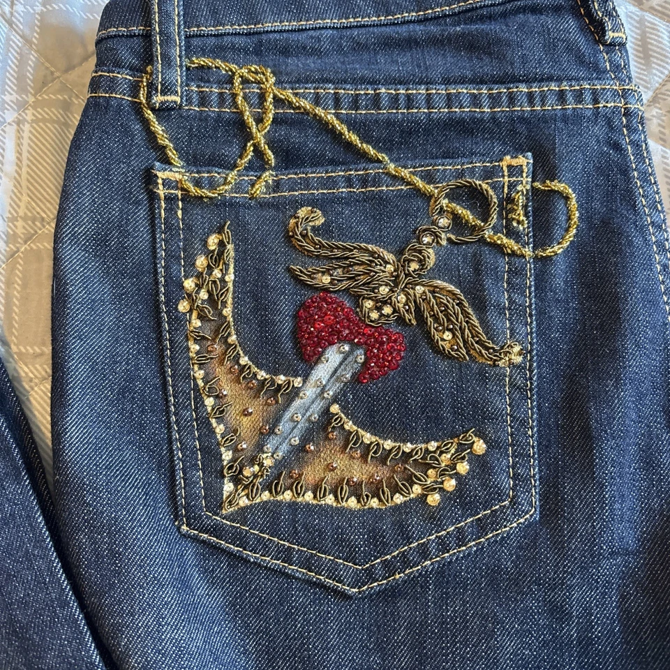 Pantalones de mezclilla para mujer An for Me embellecidos a mano bootcut dorado rojo talla 30 cintura Foto 2 de 4