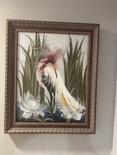 M.Devoe Mid Century Painting Birds Of Paradise On Board Egret Heron MCM