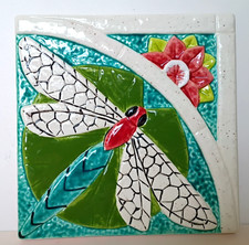 Dragonfly and Flower Decorative Tile /Trivet 6x6 Hand Painted Raised