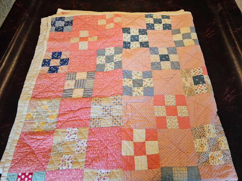 Beautiful! Vtg Handmade Quilt Pink Patchwork  Feedsack 9 Square Block 74" by 81" - Image 3 of 4