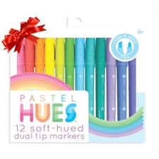 Pastel Hues Dual Tip Markers - Set of 12 Water Based Colors, Chisel and Point...