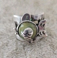 Vintage Sterling Silver Ring Round Green Stone Fish Statement Large Size 6.75