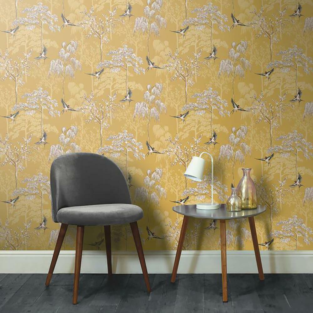 Arthouse Japanese Garden Wallpaper Ochre Yellow Lilac Birds Blossom