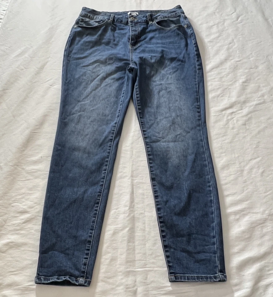 Pantalones de mezclilla Forever21 de tiro alto ajustados elásticos azules para mujer talla 12 32W 28L Foto 2 de 4