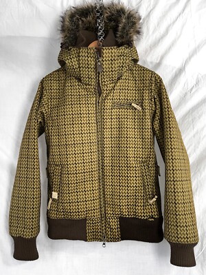 Roxy Snow Coat Women XS Y2K Green Ski Hoodie Bomber Houndstooth Faux Fur Trim