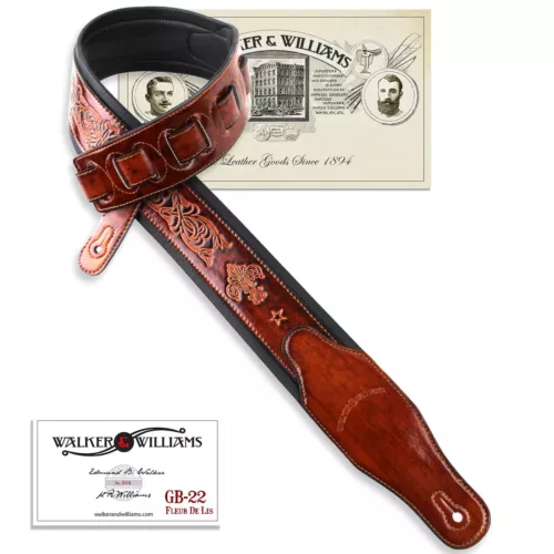 Walker And Williams GB-22 Bourbon Brown Fleur De Lis Design Padded Guitar Strap 