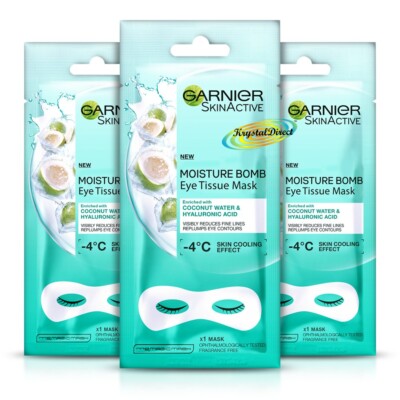 3x Garnier Skin Aktive Feuchtigkeitsbombe Kokoswasser Kühlung Augengewebe Maske