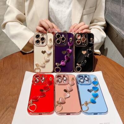 Plating TPU IPhone Case With Heart Hand Chain - For IPhone 16,15,14,13,12,11,X,8, Shockproof, Glossy Colors