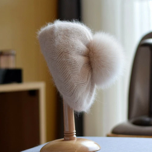 New Women Knitted Hat Real Fox Fur Pom Pom Beret Rabbit Fur Warm Cute Cap Winter - Picture 17 of 18