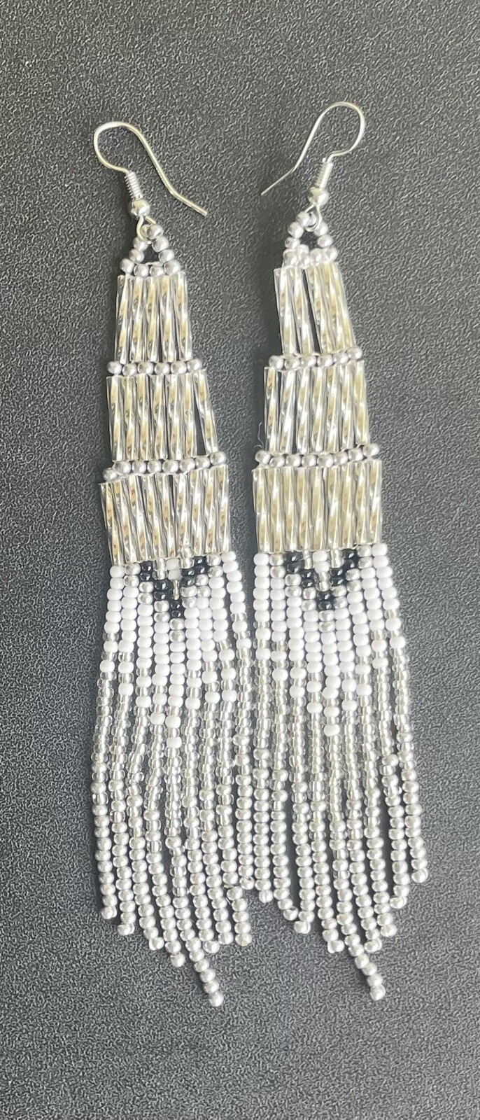 Boho Native Style Silver White Seed Bead Beaded Earrings Fringe Tassel Long