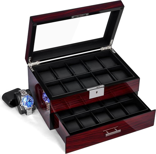 20 Slot Luxury Watch Box with Large Glass Lid & Lockable Design for Men & Women - Picture 11 of 11