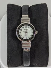 Geneva White Pearlized Dial Silver Tone Case Black Hinge Bracelet Band Watch