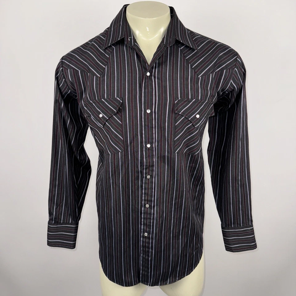 Vtg Pearl Snap Shirt Mens Ely Plains Western Cowboy Rodeo Black Striped Large - Image 2 of 4