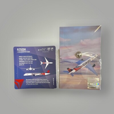 DELTA FLY-TO-USA ピンコレクション Team USA Paris Delta Air Lines Pin & Delta Pilot Card A350 No.63