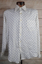 JC Penney Disco Shirt Men's Lg MCM White Blue Gray Abstract AOP Vintage 60s 70s