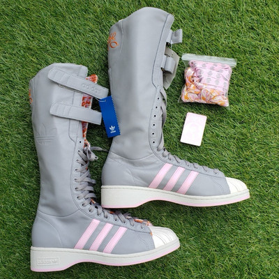 adidas Women s Knee High Leather Lace-Up Sneaker Boots Gray Pink White 9