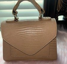 Beige Textured Embossed Top Handle Bag Gold Hardware Detachable Strap