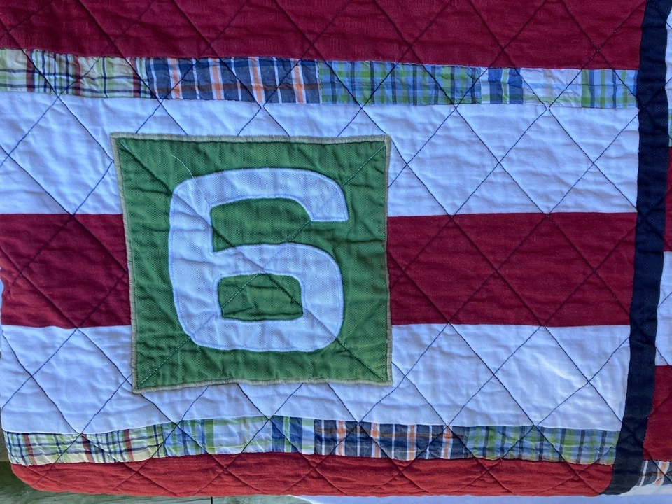 Pottery Barn Kids TWIN Nautical Quilt Red Stripe Madras Number Reversible  Read - Image 4 of 4