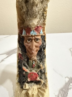 Native American Indian Chief Figurine In A Carved Resin Faux Horn. 7 -9 IncTall