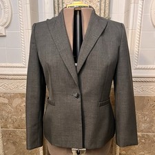 KASPER. Size 14P. Poly Banker's Gray Lined Blazer. Long flip sleeves. DB