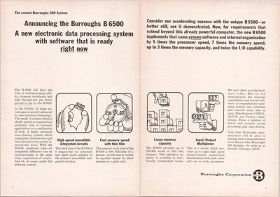 Burroughs B 6500 Vintage 2pg Print Ad 1966 Data Processing System