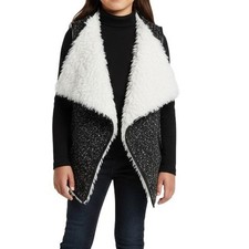Say What Vest Girls L Black White Open Front Sleeveless Faux Fur Trim Layering