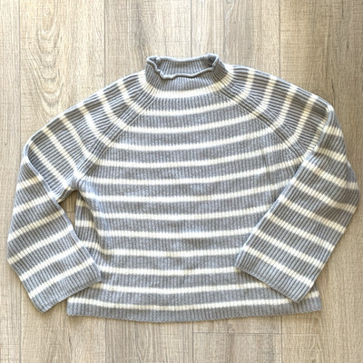 MANGO Basics Mock Neck SWEATER Wide Sleeve Striped White Gray Womens Size S
