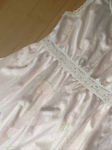 Victorian Dusty Pink Satin Slip Dress, Lace Trim Keyhole Neck Vintage Night Gown - Picture 12 of 24