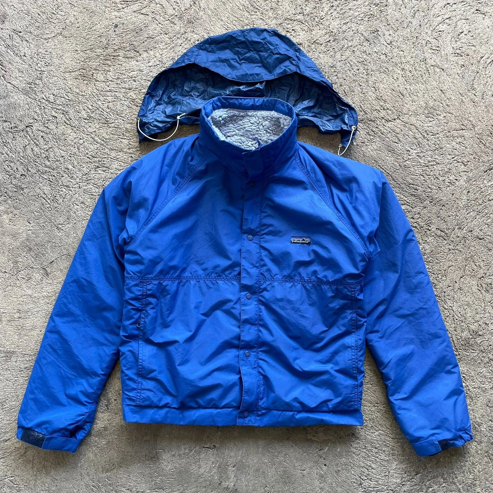 Vintage 1980 Patagonia Blue Jacket Sherpa Lined Packable Hood Usa Made