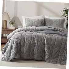 Velvet Quilt Set Size - Lightweight Bedspread Coverlet - Queen Charcoal Gray