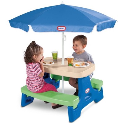 Little Tikes Outdoor Portable Kids Picnic Table with Umbrella, Blue Green