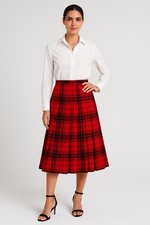 VNTG Tartan Plaid Pleated red Black  Wool preppy Midi Skirt Christmas holiday 6