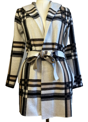 Christian Siriano XS Plaid Print Hooded Belted Sweater Cardigan Coat Jacket