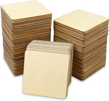 100Pcs Unfinished Wood Pieces, 3 x 3 Inch Blank Natural Wood Square Wooden Slice