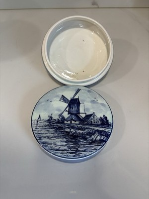 VTG Delft Blauw Trinket Box W/Lid Blue/White Handpainted Made In Holland