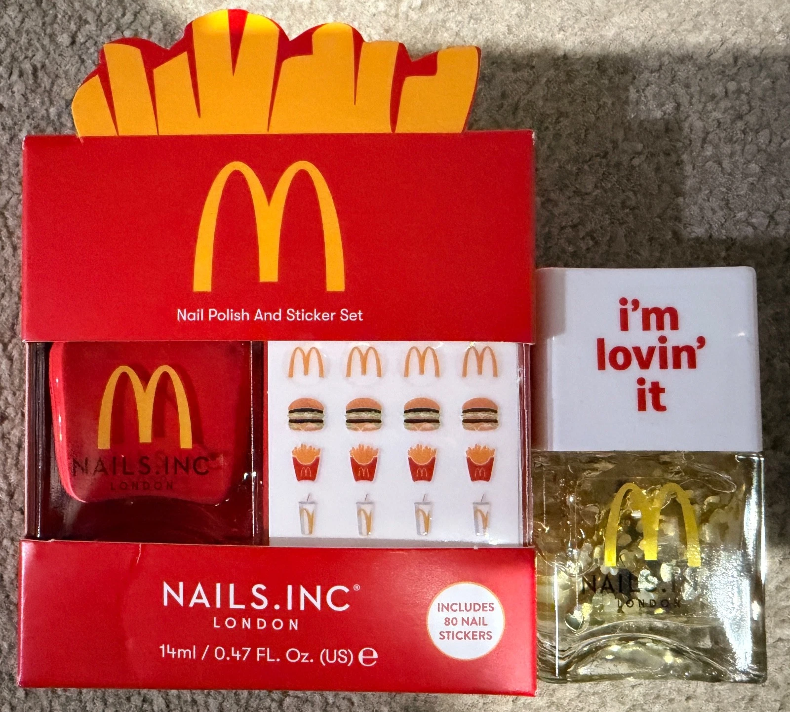 NIB NAILS INC MCDONALDS NAIL POLISH & STICKER SET WITH I’M LOVIN’ IT NAIL TOPPER