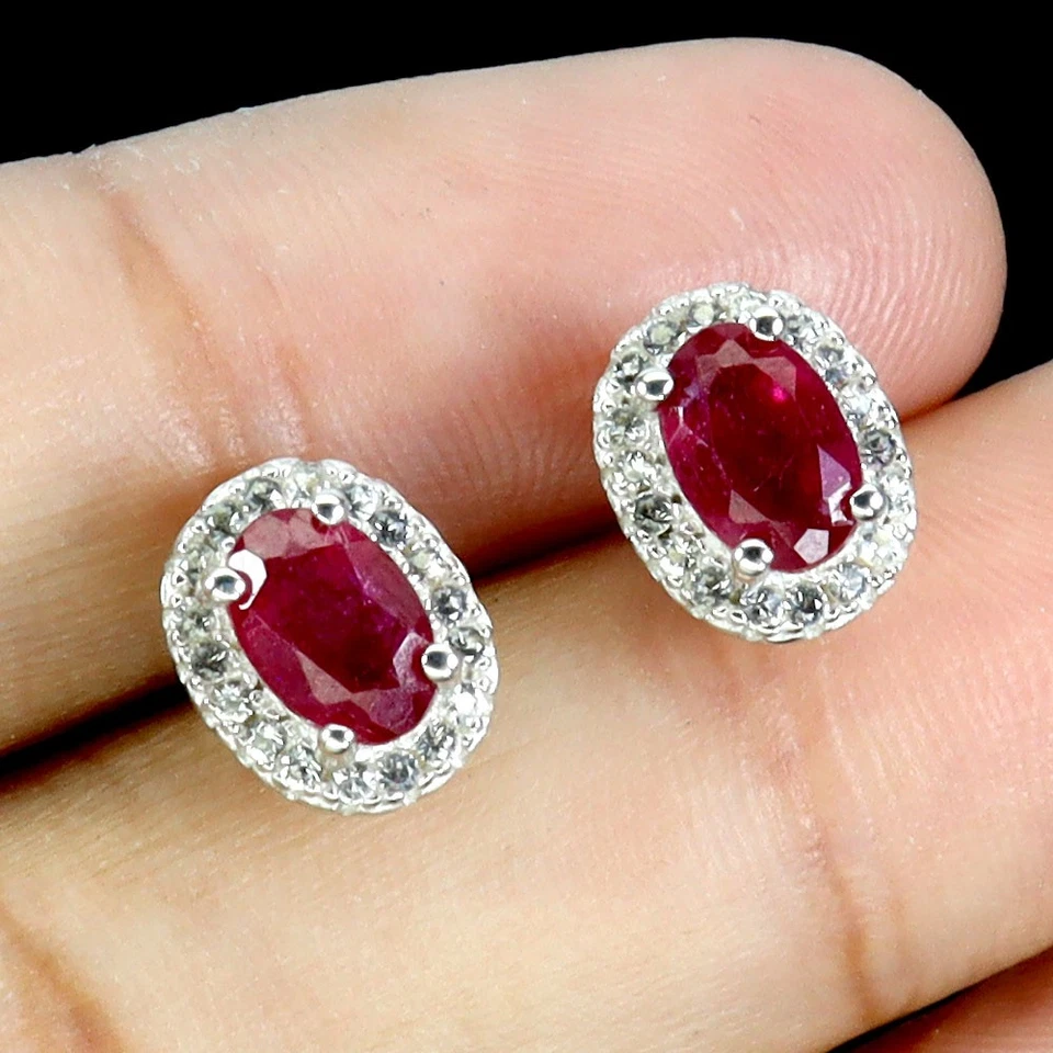 925 Sterling Silver Earrings Oval Ruby 6x4mm Topaz Natural Gemstone Jewelry - Image 2 of 4
