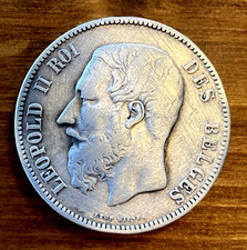1873 Belgium 5 Francs – Leopold II – .900 Silver Crown – Fine Silver Coin
