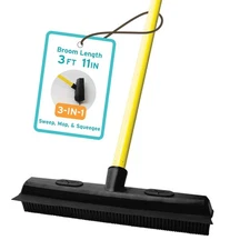 Sweep Pet Hair Rubber Broom with Squeegee and Attachable Microfiber Cloth and...