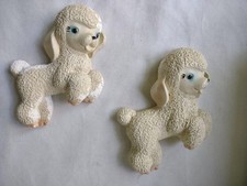 Lot 2 Vintage Retro Chalkware White Lambs Sheep Nursery Wall Plaques Adorable 