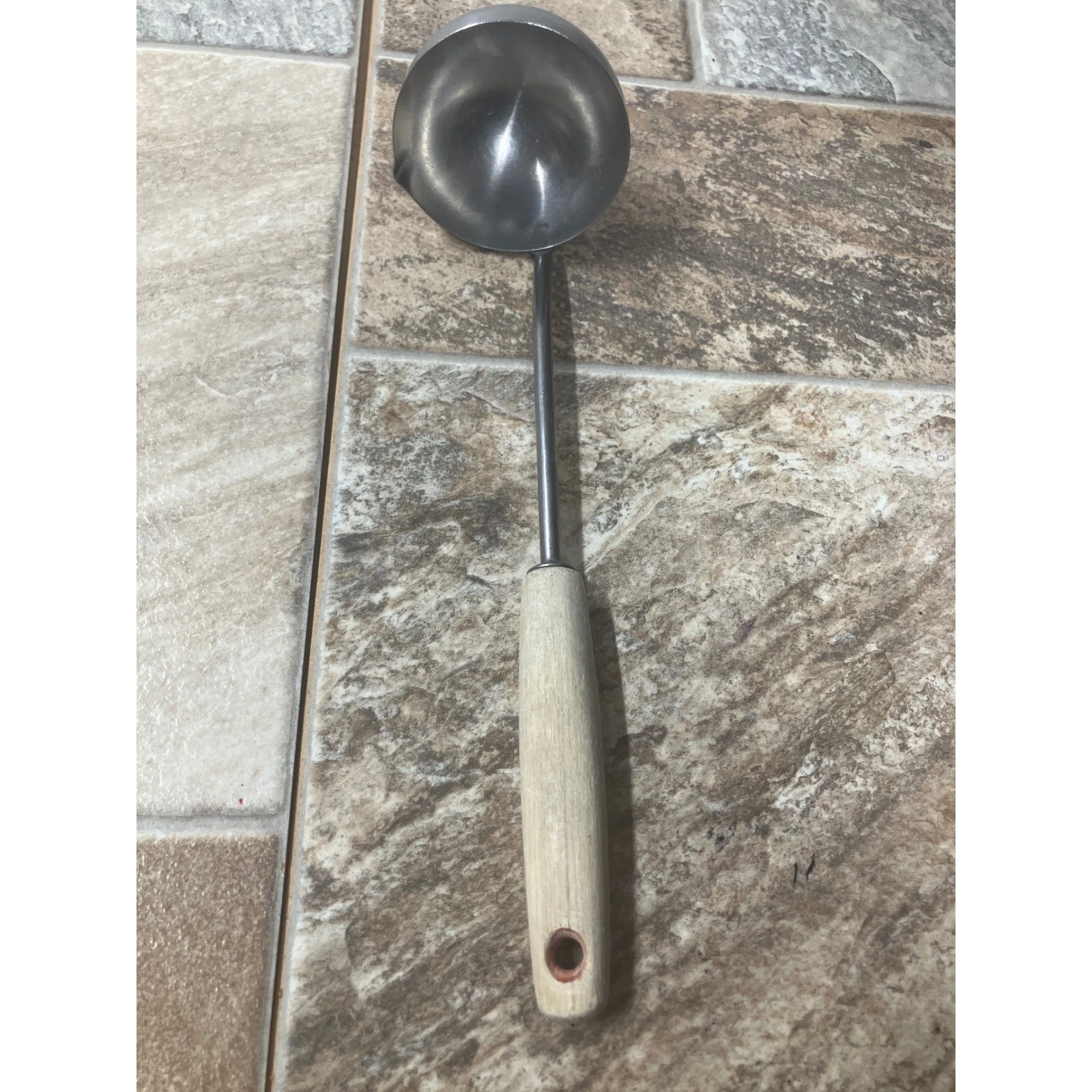 Vintage Stainless Steel Soup Ladle with Wood Handle and Pour Spout 10.5 Inch