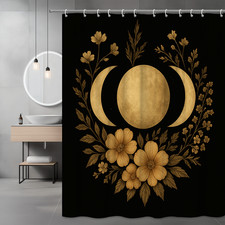 Boho Floral Moon Shower Curtain - Black Background with Gold Design